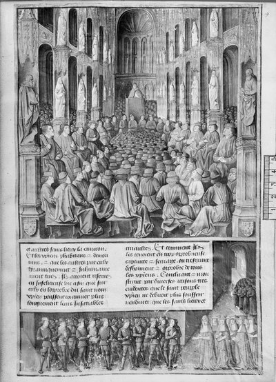 Hoe paus Urbanus II de herovering van de Heilige Grafkerk predikte op het Concilie van Clermont-Ferrand, illustratie uit Les Passages d