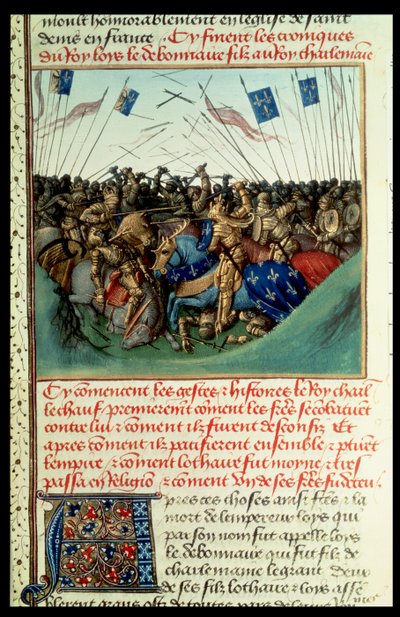 Lotharius I (795-855) keizer van het Westen in gevecht met zijn broers Lodewijk de Duitser (ca.804-76) en Karel de Kale (823-77) bij Fontenoy en Puisaye in 841 door French School