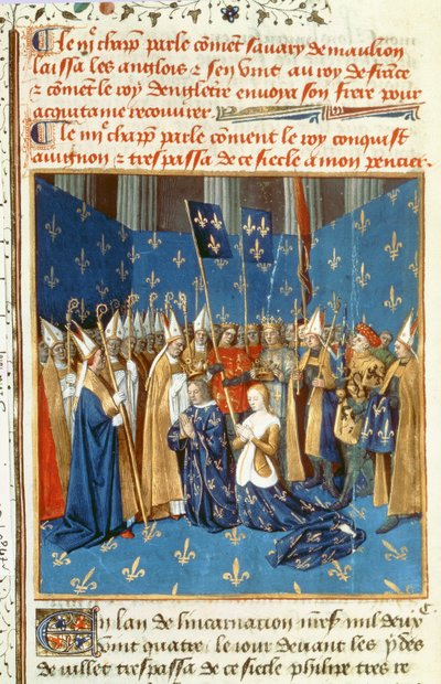 Kroning van Lodewijk VIII (1187-1226) en Blanca van Castilië in Reims in aanwezigheid van de koning van Jeruzalem door French School