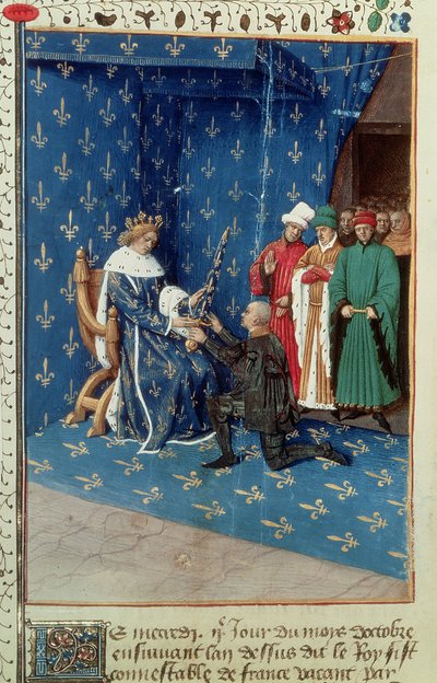 Karel V (1338-80) die de bekeerling Bertrand Duguesclin tot ridder slaat, oktober 1390 door French School