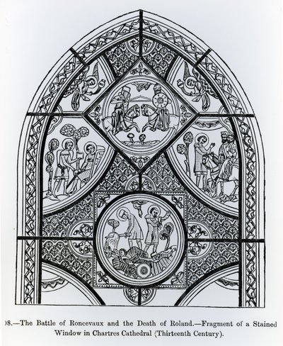 Fragment van een glas-in-loodraam in de kathedraal van Chartres, met de Slag bij Ronceveaux en de dood van Roland, illustratie uit Wetenschap en Literatuur in de Middeleeuwen en Renaissance door French School