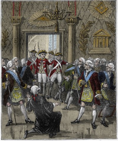 Vrijmetselarij in Hotel de Soisson in Parijs in juni 1745: Vrijmetselaarsceremonie onderbroken door de komst van een politiecommissaris. Gravure in 