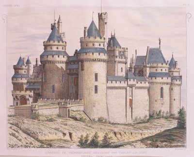 Frankrijk, middeleeuws kasteel Pierrefonds, gerestaureerd door Violet le Duc uit Moniteur des Architectes, gravure door French School