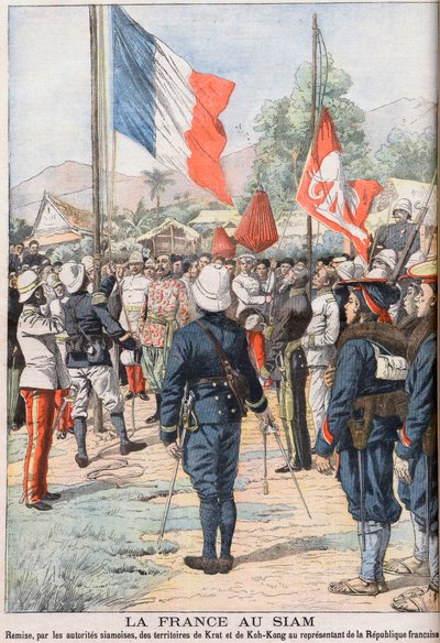 Frankrijk neemt de gebieden van Krat en Koh-Kong, Siam over na het Verdrag van 1904 tussen de Siamezen en de Fransen, illustratie uit 