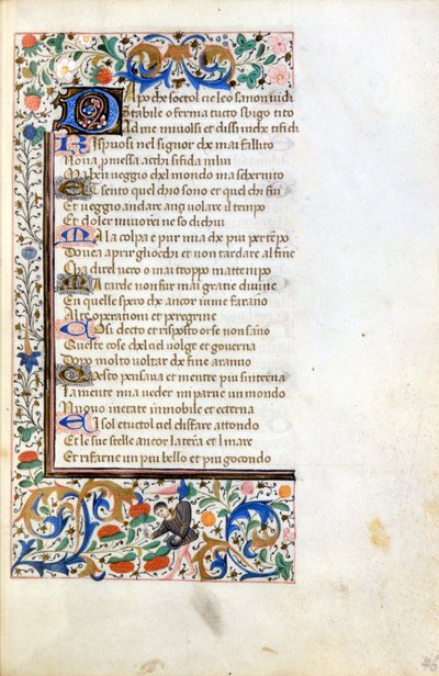 Francesco Petrarca (Petrarca): incipit uit een verlucht manuscript van de Franse School van de 14e eeuw. Gemeentelijke Bibliotheek van Rimini. door French School