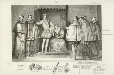 Frans II van Frankrijk informeert parlementsafgevaardigden dat hij zijn ooms, de hertog van Guise en Karel, kardinaal van Lotharingen, heeft gekozen om voor hem te regeren, 1559 door French School