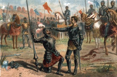 Francis I van Frankrijk vraagt om geridderd te worden door de Chevalier Bayard na de overwinning in de Slag bij Marignano, Italië. door French School