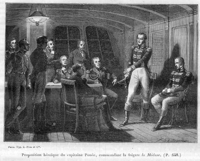 Francois Ponee II (1775-1863), de commandant van La Meduse, Napoleontische getrouwe, biedt de keizer aan om alleen te vechten tegen Le Bellerophon - in 