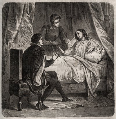 Francoise de Foix, Gravin van Chateaubriant (ca. 1495-1537), ziek, ontvangt Clement des Marets genaamd Marot (1496-1544), de knecht van Francois 1e, in bed. Gravure uit 1871 in 