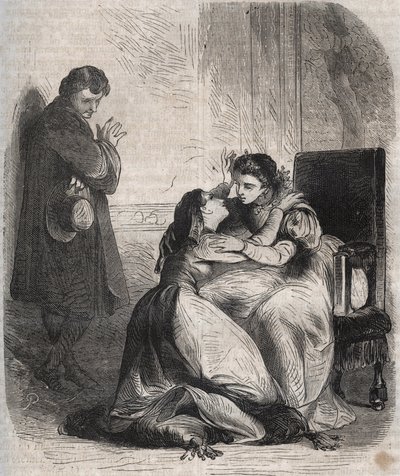 Francoise de Montmorency-Fosseux (Montmorency Fosseux) (1566-1641) vraagt vergiffenis aan koningin Marguerite de Valois (1553-1615), bekend als koningin Margot. Ze is de minnares van koning Hendrik IV (1553-1610) en bevalt angstig van hun kind door French School