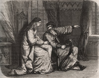 Fredegonde (545-597) vertrouwt zijn zorgen toe aan harpist Barbantini omdat zijn minnaar Chilperic (toen de Koning van de Franken Chilperic I (543-597), hem niet trouwde. 565. Gravure uit 1871 in 