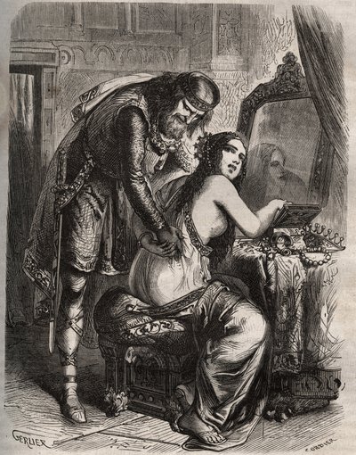 Fredegonde (545-597) neemt haar man, koning van de Franken Chilperic I (543-597), voor haar minnaar, Landeric. De koning ontdekt dat zijn vrouw hem bedriegt. Gravure uit 1871 in 