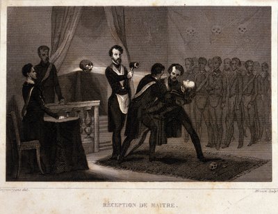 Vrijmetselarij: ontvangst- en inwijdingsritueel van de Meester. Gravure uit 