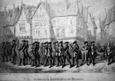 Vrijmetselarij: Vrijmetselaarsbegrafenis van Warren Hastings (1732-1818), Britse koloniale bestuurder. Gravure uit 