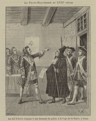 Vrijmetselarij in de 18e eeuw: De hertog van Antin verzet zich tegen een politie-inval in de loge van la Rapee in Parijs (gravure) door French School