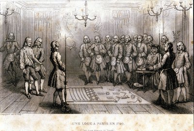Vrijmetselarij: geheime bijeenkomst in een loge in Parijs in 1740. Gravure uit 