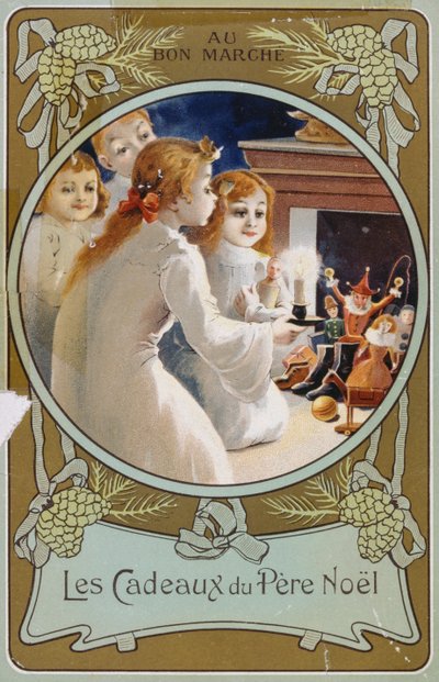 Franse kerstkaart met meisjes met een kaars op kerstavond door French School