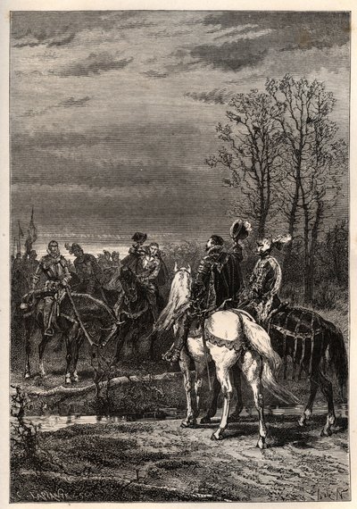 Franse Religieuze Oorlogen - oktober 1569 Oorlog van Religie - De gesprekken voorafgaand aan de Slag bij Moncontour (Henri, hertog van Anjou toekomstige Hendrik III en Gaspard II van Coligny - De Slag bij Moncontour (oktober 1569) - gravure uit 