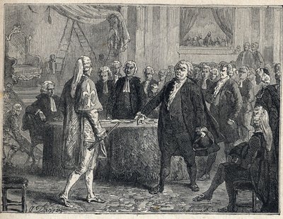 Franse Revolutie - Algemene Vergadering op 23/06/1789: Honore Gabriel Riqueti, Graaf van Mirabeau (1749-1791) spreekt Henri Evrard, Markies van Dreux Breze (1762-1829) aan. Gravure uit 1889. Privécollectie door French School