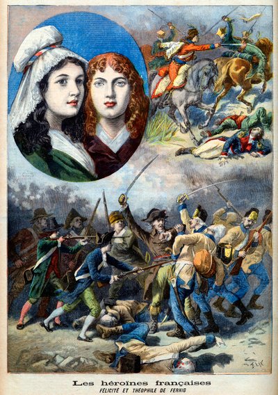 Franse Revolutie - De Franse heldinnen: de zusters Félicité (1770-1841) en Théophile (1875-1819) door Fernig die verkleed als man vochten tegen de Oostenrijkers om hun vader te bewaken in 1792 - illustratie uit 