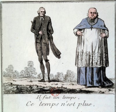Franse Revolutie: Cartoon over het verdwijnen van de privileges van de geestelijkheid die een magere priester en een corpulente en dikke bisschop uit de tijd van het Oude Regime vertegenwoordigt door French School