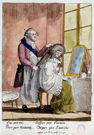 Franse Revolutie: Cartoon over de vlucht van de koninklijke familie naar Varennes door French School
