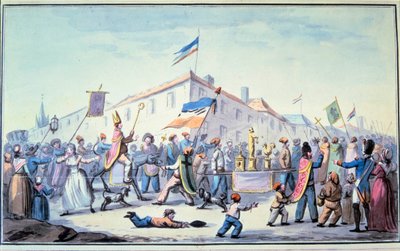 Franse Revolutie: Gevormd gemaskerd bal van het volk gekleed in priesterlijke kleding door French School