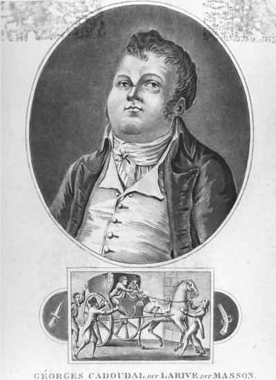 Franse Revolutie: Georges Cadoudal (alias Larive, alias Masson), een Franse samenzweerder die een van de leiders was van de Chouans en twee complotten tegen Bonaparte organiseerde, werd geëxecuteerd op 25 juni 1804 - gravure, collectie museum Dobrée, Nante door French School