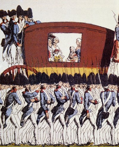 Franse Revolutie: Terugkeer van de Koninklijke Familie naar Parijs op 25 juni 1791 na de arrestatie in Varennes op 20 en 21 juni 1791. Eau-forte coloriee anoniem 1791 Zon. 23.2x34.6 Parijs, Musée Carnavalet door French School