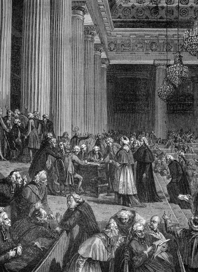 Franse Revolutie: afschaffing van privileges in de Nationale Vergadering in 1789 (gravure) door French School