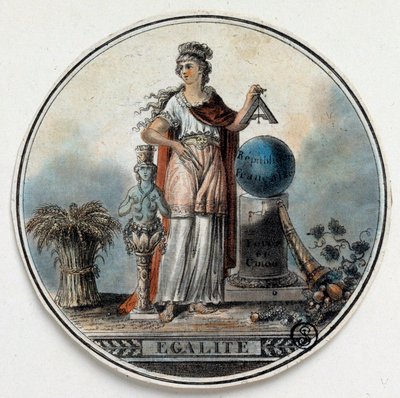 Franse Revolutie: allegorie van Gelijkheid als een vrouw die een vierkant vasthoudt bij de Franse republiek, een hoorn des overvloeds. Eind 18e eeuw Parijs, B.N. door French School