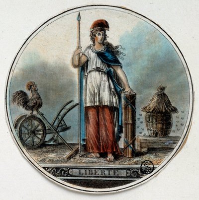 Franse Revolutie: allegorie van Vrijheid als een vrouw bij een bijenkorf en een haan door French School