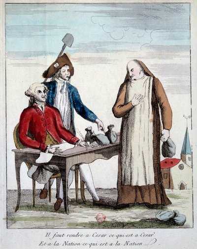 Franse Revolutie: karikaturale voorstelling van een lid van de geestelijkheid die gedwongen wordt het eigendom van de kerk terug te geven. 