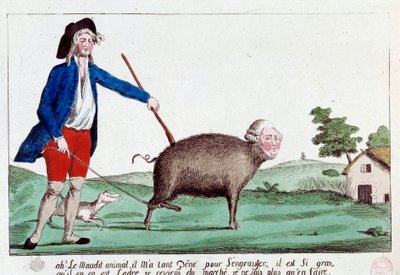 Franse Revolutie: cartoon die een revolutionair toont die Lodewijk XVI terugbrengt in de vorm van een varken van de mars en niet weet wat hij ermee moet doen. 1792. Anonieme gekleurde ets, Zon 14x22.8 Parijs, Musee Carnavalet door French School
