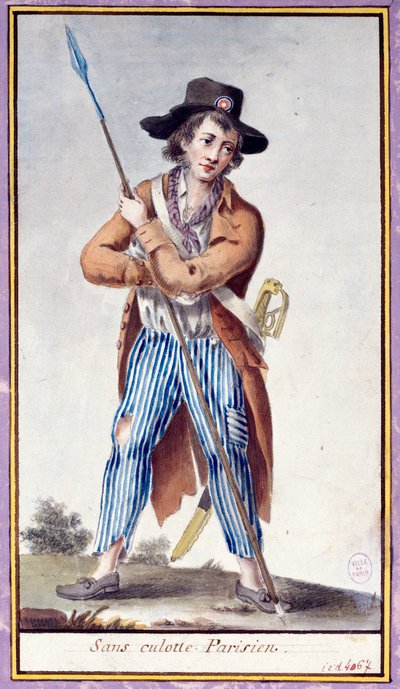 Franse Revolutie: de Parijzenaar zonder onderbroek heeft de schoppen. Anonieme prent rond 1789. Parijs, Musee Carnavalet door French School