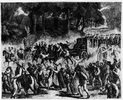 Franse Revolutie: de aankomst van de koninklijke familie (Lodewijk XVI en Marie Antoinette) in Parijs, 5 oktober 1789 - gravure door French School