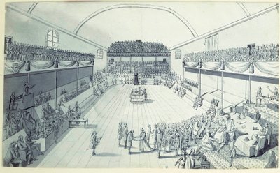 Franse Revolutie: de geboorte van de Grondwet in september 1791 geredigeerd door Guy Jean-Baptiste Target (1733-1807) in de zaal van de Jeu de Paume in Versailles waar de afgevaardigden een eed aflegden op 20/06/1789. Anonieme tekening rond 1791. Parijs, L door French School