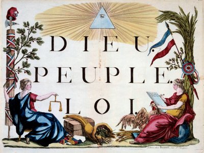 Franse Revolutie: de goddelijke driehoek die God, het Volk en de Wet verlicht, de allegorieën van Frankrijk, Justitie, Overvloed en de republiek door French School