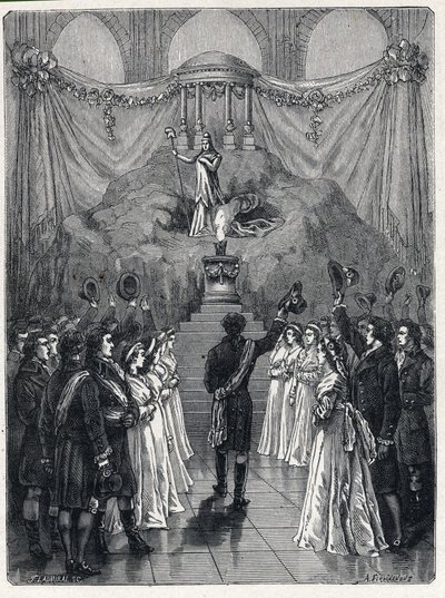 Franse Revolutie: de godin van de rede in de Notre Dame kathedraal in Parijs tijdens een viering ter ere van de vernietiging van het fanatisme op 10 november. door French School