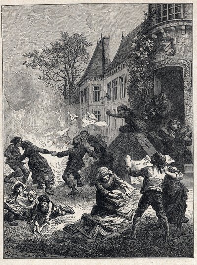 Franse Revolutie: de boeren verbrandden hun feodale titels en dansten rond het vuur om de afschaffing van privileges in augustus 1789 te vieren. Gravure uit 1889. Privécollectie door French School