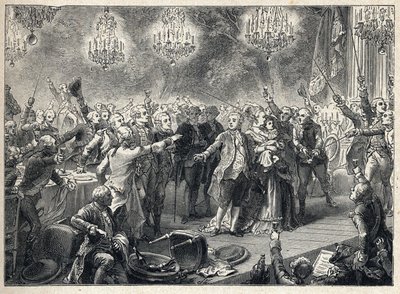 Franse Revolutie: de royalisten zweren trouw aan de monarchie in aanwezigheid van koning Lodewijk XVI (1754-1793), koningin Marie Antoinette (1755-1793) en de dauphin tijdens het banket van de lijfwachten georganiseerd op 1 oktober 1789 in de Orangerie van door French School