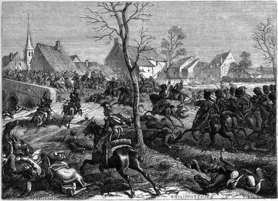 Franse en Poolse troepen veroveren de brug van Berryau-Bac (Aisne), maart 1814 - Campagne de France (1814) - Generaal Nansouty met de cavalerie van de garde en de Polen van generaal Pac neemt de brug van Berryau Bac - in 