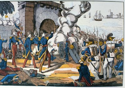 Franse aanval op het Mexicaanse fort San Juan de Ulua tijdens de Gebakoorlog van 1838 door French School