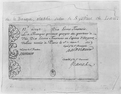 Frans bankbiljet voor tien pond van de Law Bank, gedateerd 1 april 1719 door French School