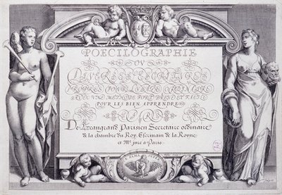 Franse calligrafie: Poecilografie, frontispice, door Baptiste de Beaugrand in 1606 door French School