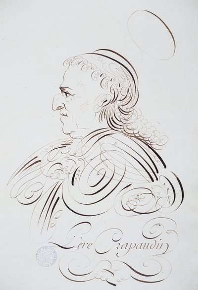 Franse kalligrafie: Portret van Vader Crapaudin door Bernard van Parijs rond 1780. Historische bibliotheek van de stad Parijs. door French School