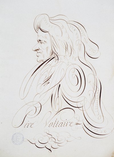 Franse calligrafie: Portret van Vader Voltaire door Bernard de Paris rond 1780. Historische bibliotheek van de stad Parijs door French School