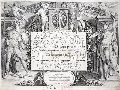 Franse calligrafie: Technografie, frontispice door Guillaume Le Gangneur rond 1599. Historische bibliotheek van de stad Parijs door French School