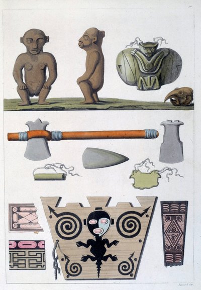 Franse koloniën: objecten van de Arawak, de eerste bewoners van Martinique in de West-Indië. Gravure uit de 19e eeuw door French School