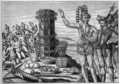 Franse kolonie in Amerika: Floridianen eren de herdenkingszuil opgericht door Rene de Laudonniere ter nagedachtenis aan de Spaanse aanvallen op de Franse protestantse kolonies in 1564. Uit een 16e-eeuwse gravure. In 